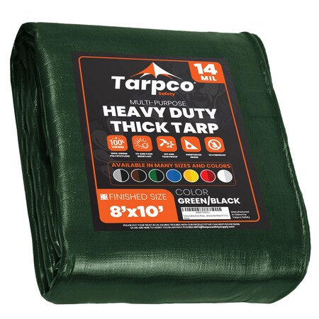 Tarpco Safety Heavy Duty Tarp, 10 ft L x 0.5 mm H x 8 ft W, 14 Mil, Green/Black, Polyethylene TS-103-8X10